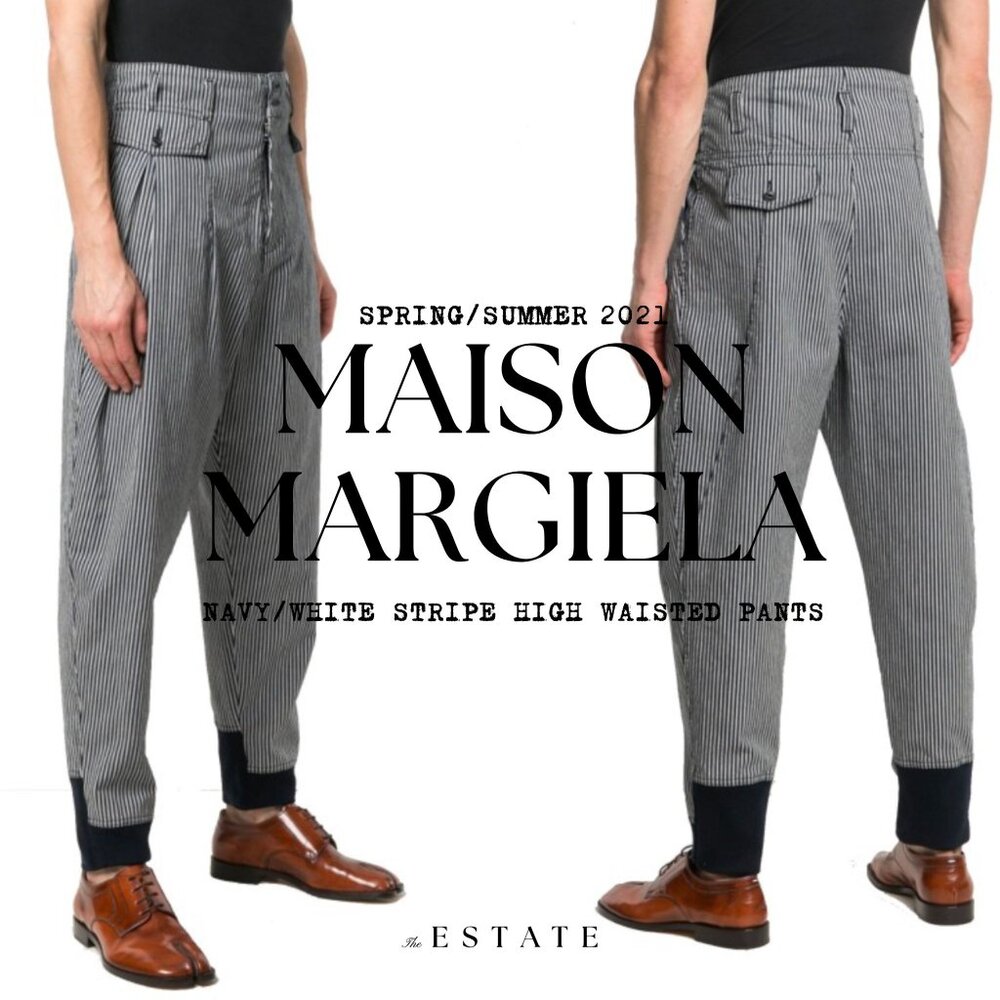 Maison Martin Margiela Navy and White Stripe High Waisted Pants